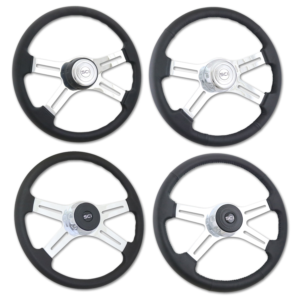 Steering Creations, 18" Black Classic Polyurethane or Leather Steering Wheel - Chrome 4-Spoke, Horn Button & Logo