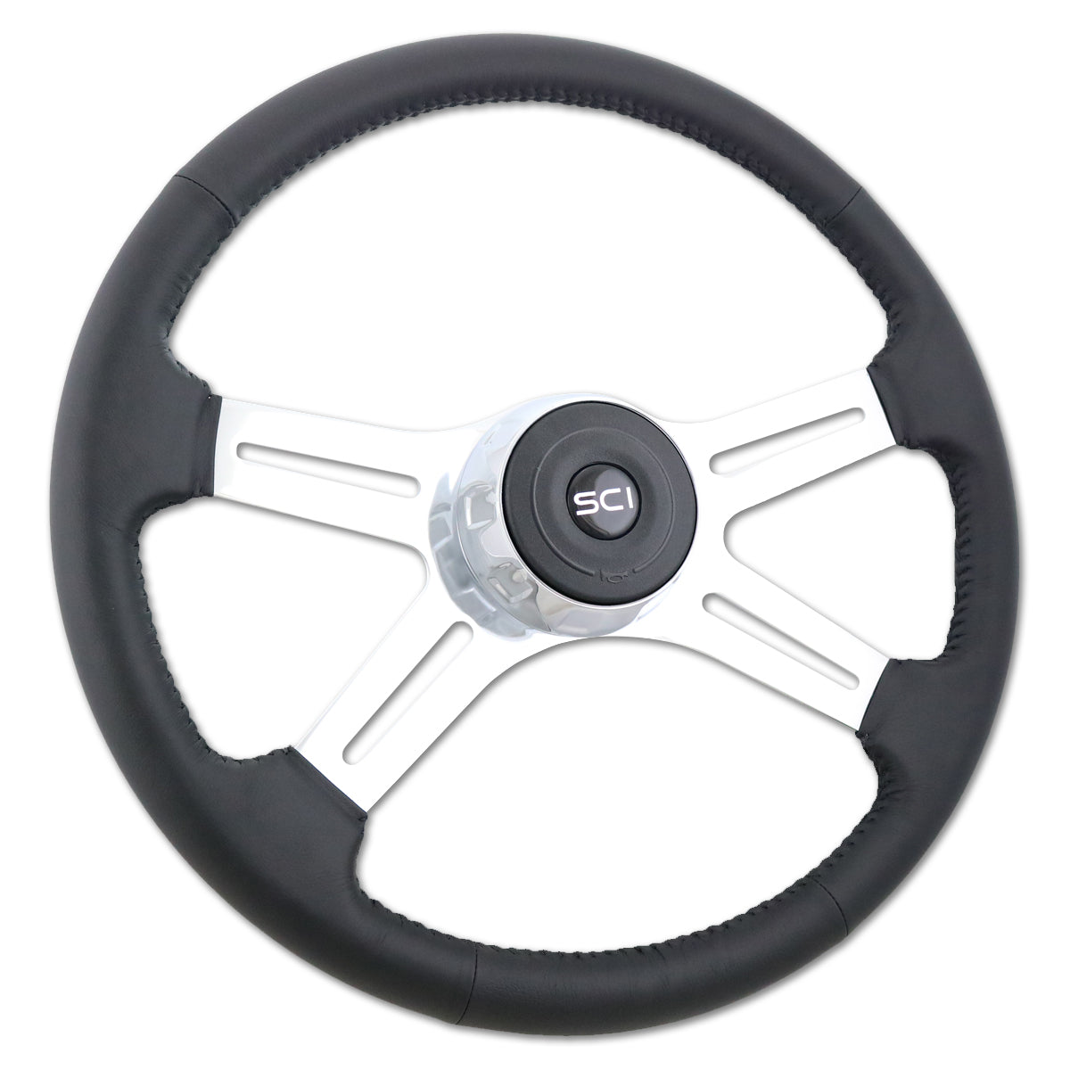 Steering Creations, 18" Black Classic Polyurethane or Leather Steering Wheel - Chrome 4-Spoke, Horn Button & Logo