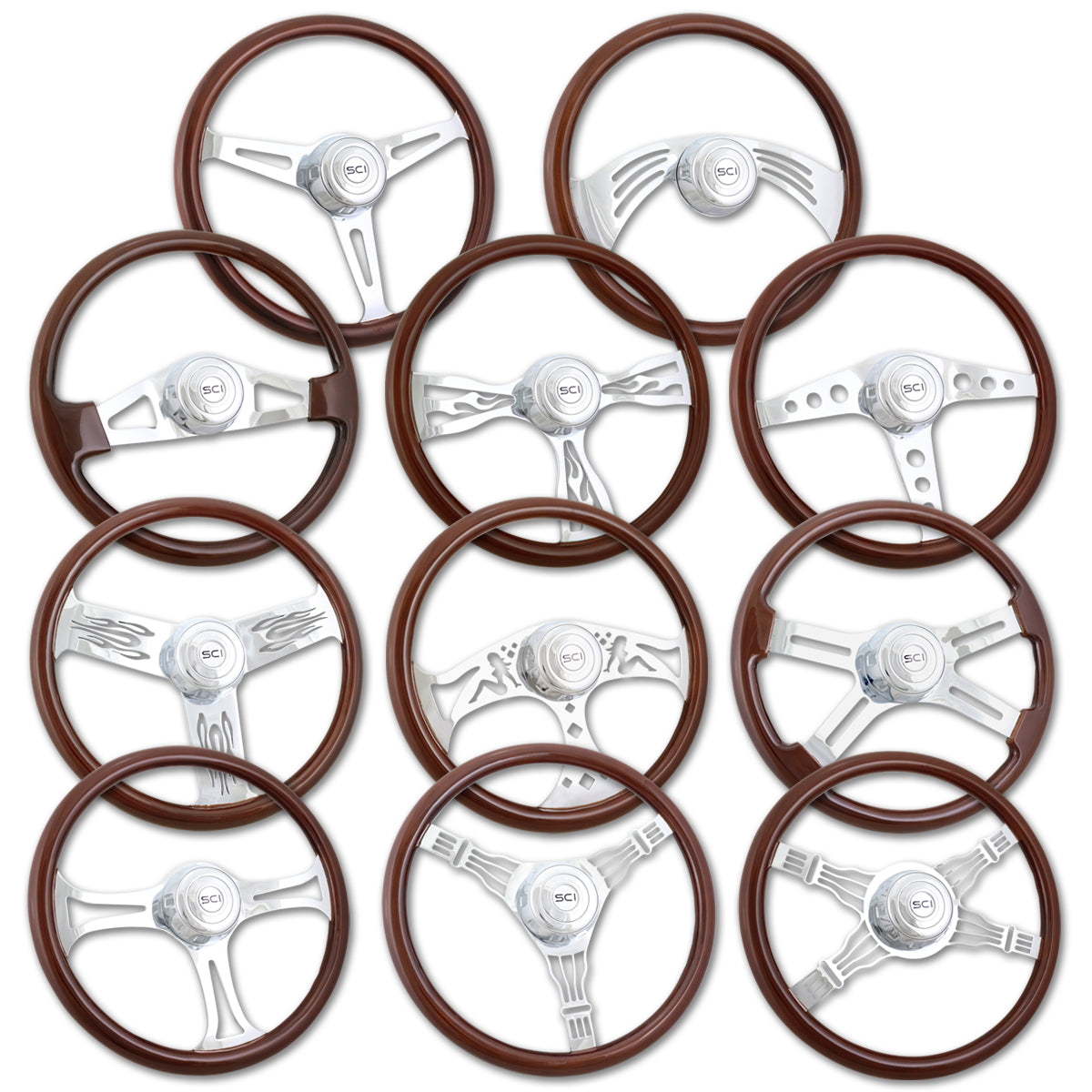 Steering Creations, 18" Chrome & Mahogany Steering Wheel (Various Designs)