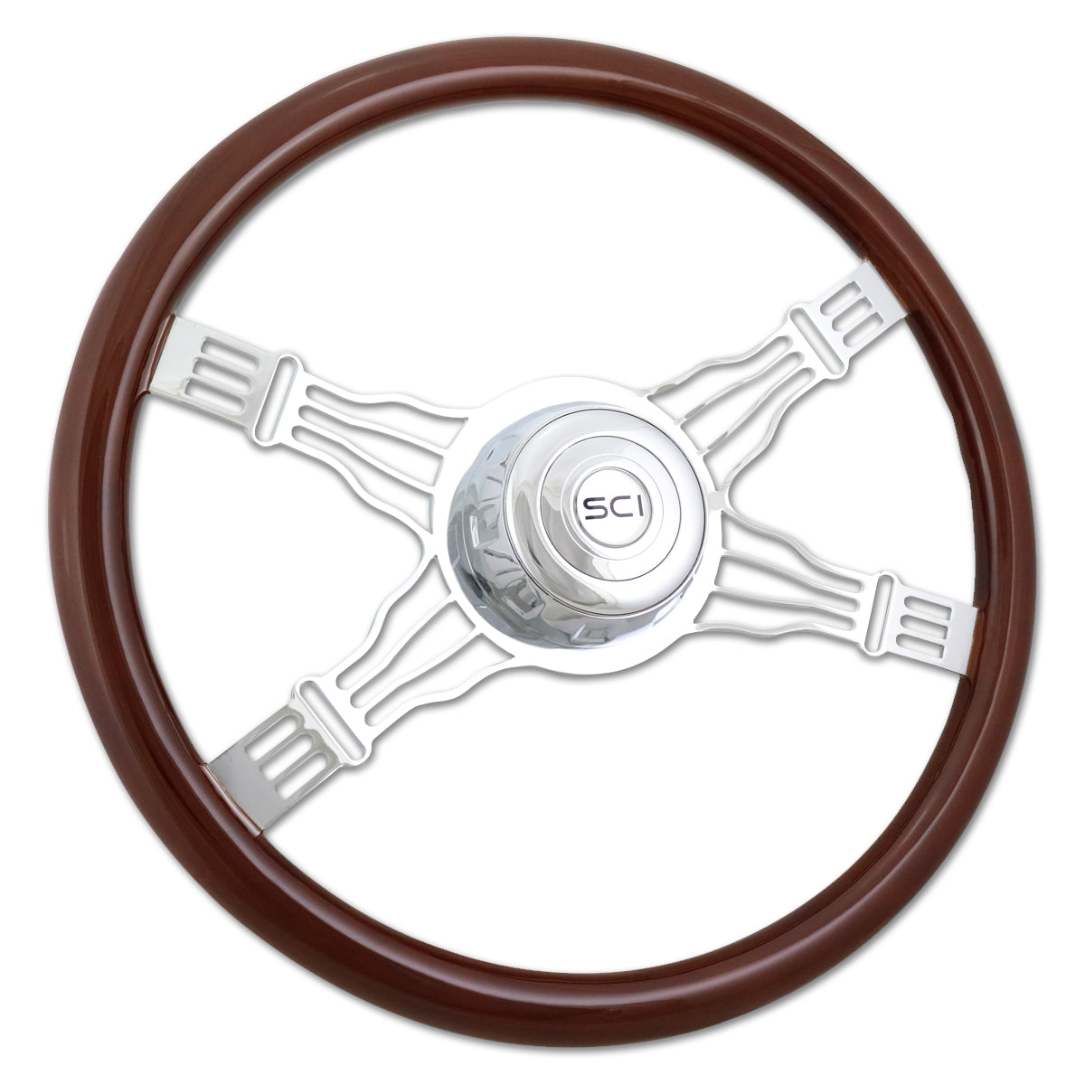 Steering Creations, 18" Chrome & Mahogany Steering Wheel (Various Designs)