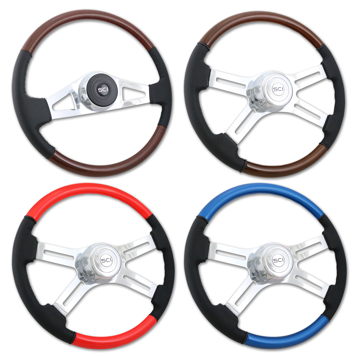 Steering Creations, 18" Classic Combo Leather & Burl Wood Rim Steering Wheel w Chrome 2-Spoke or 4-Spoke