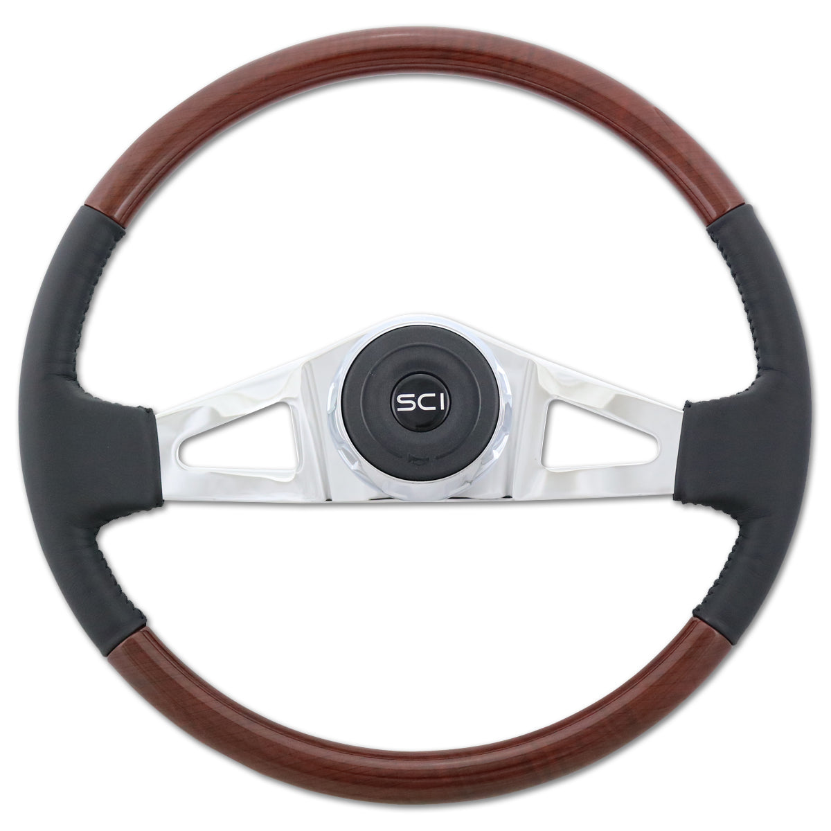 Steering Creations, 18" Classic Combo Leather & Burl Wood Rim Steering Wheel w Chrome 2-Spoke or 4-Spoke