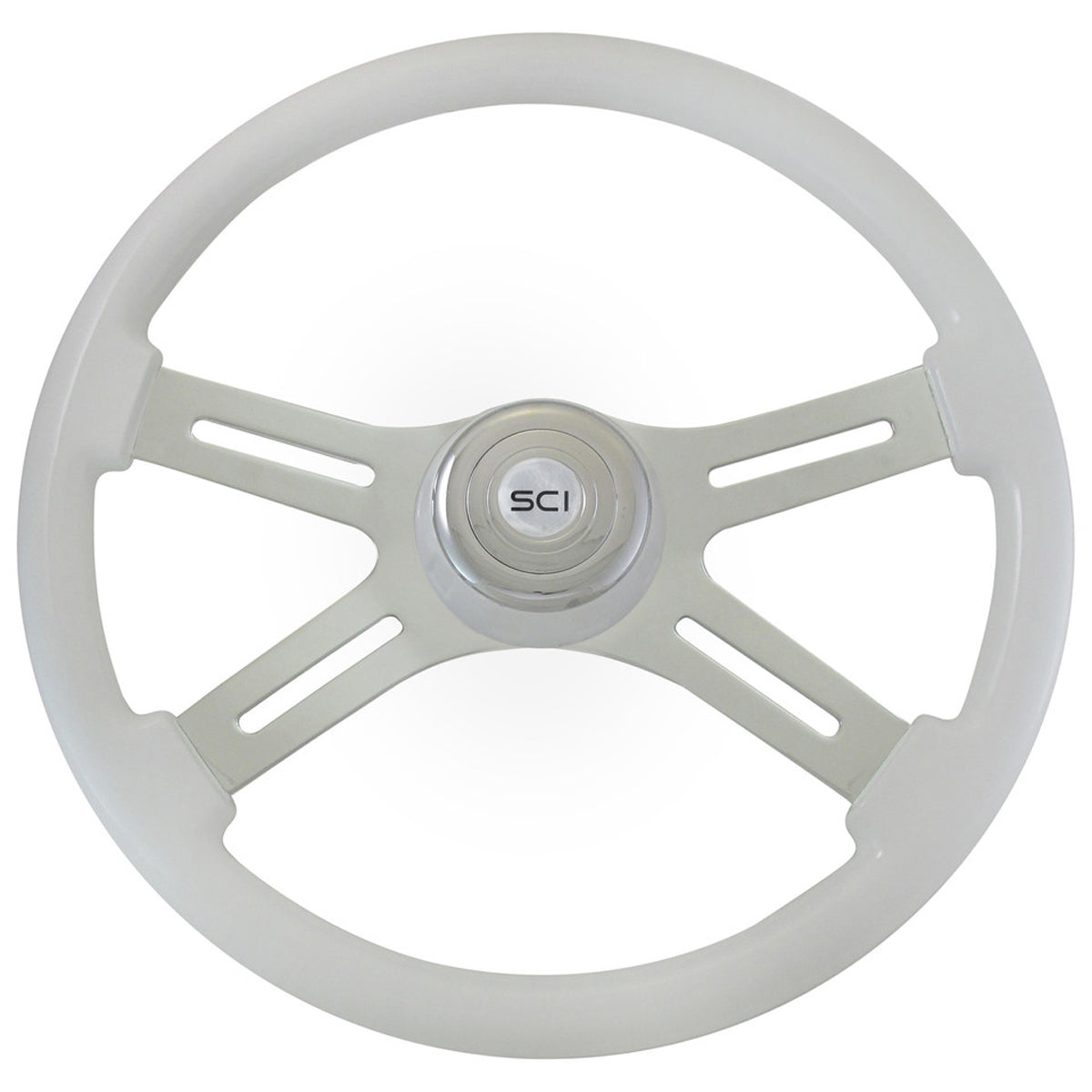 Steering Creations, 18" Classic Wood Steering Wheel w/ Chrome 4-Spokes & Matching Bezel (White)