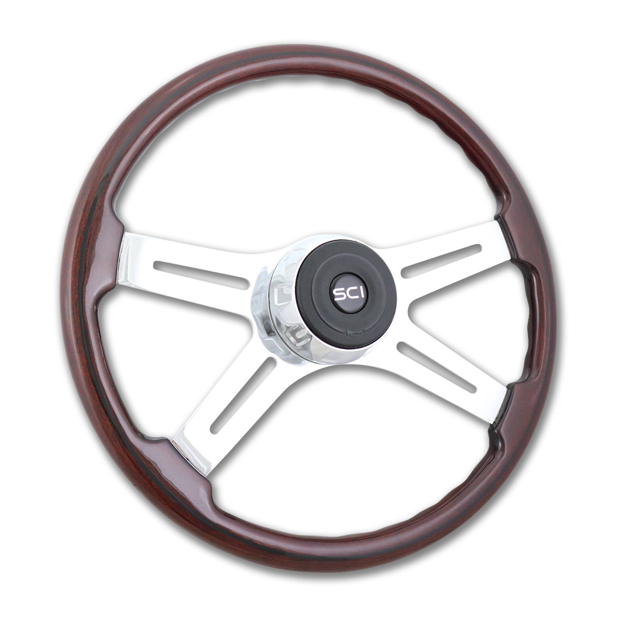 Steering Creations, 18" Eastwood or 20" Fury Mahogany Wood Rim Steering Wheel w/ Chrome 4-spokes