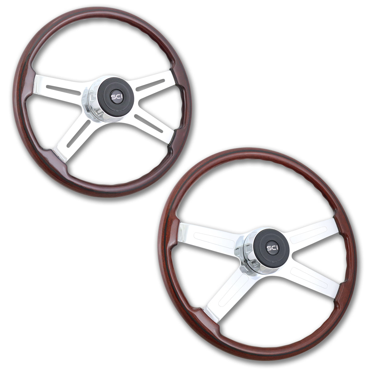 Steering Creations, 18" Eastwood or 20" Fury Mahogany Wood Rim Steering Wheel w/ Chrome 4-spokes