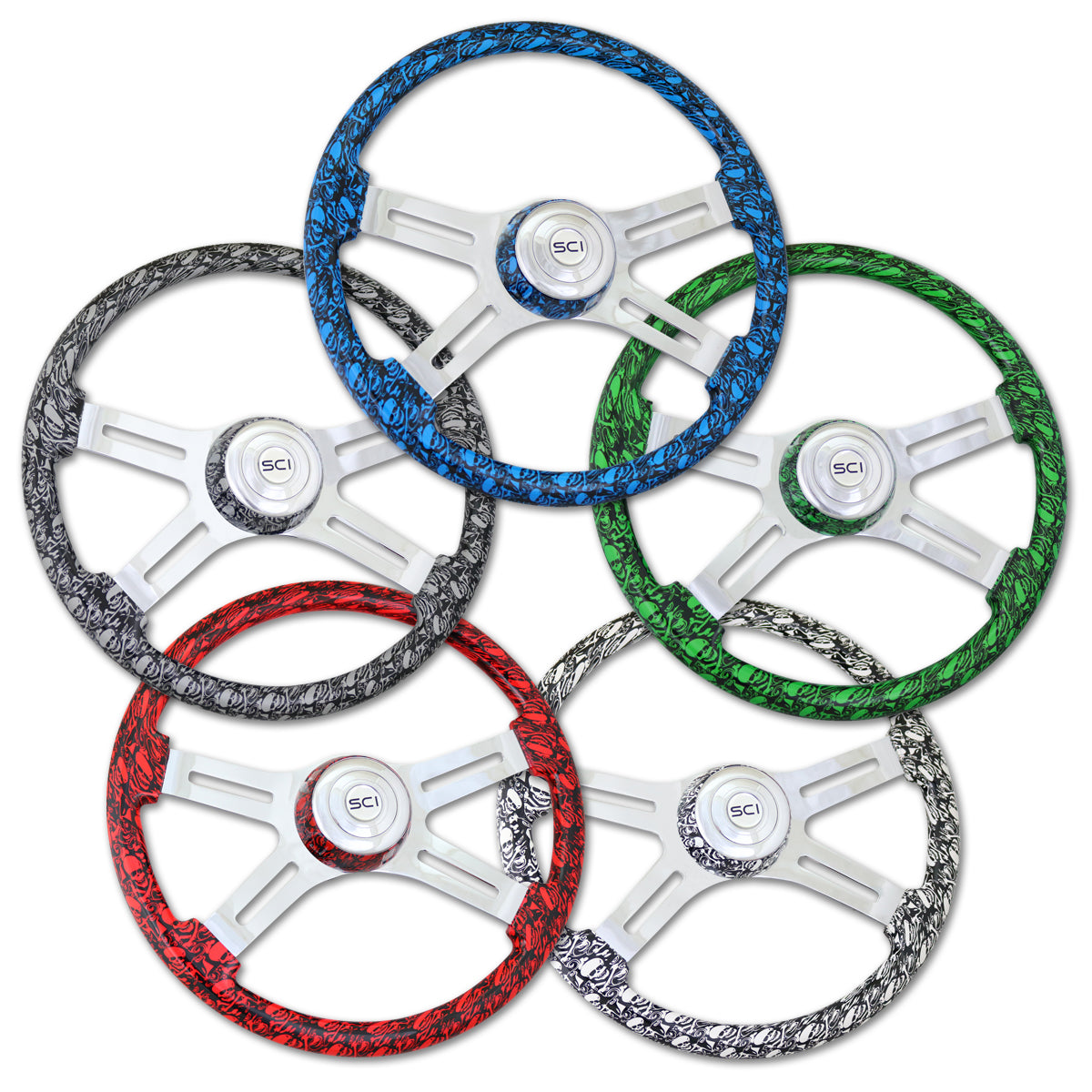 Steering Creations, 18" Printed Skulls Wood Rim Steering Wheel w/ Chrome 4-Spokes (Various Colors)