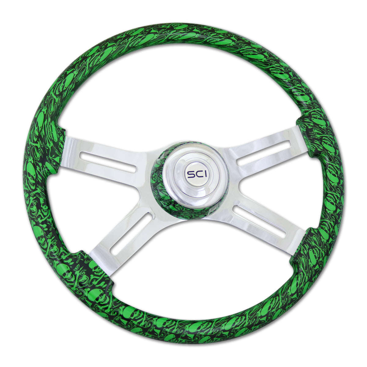 Steering Creations, 18" Printed Skulls Wood Rim Steering Wheel w/ Chrome 4-Spokes (Various Colors)