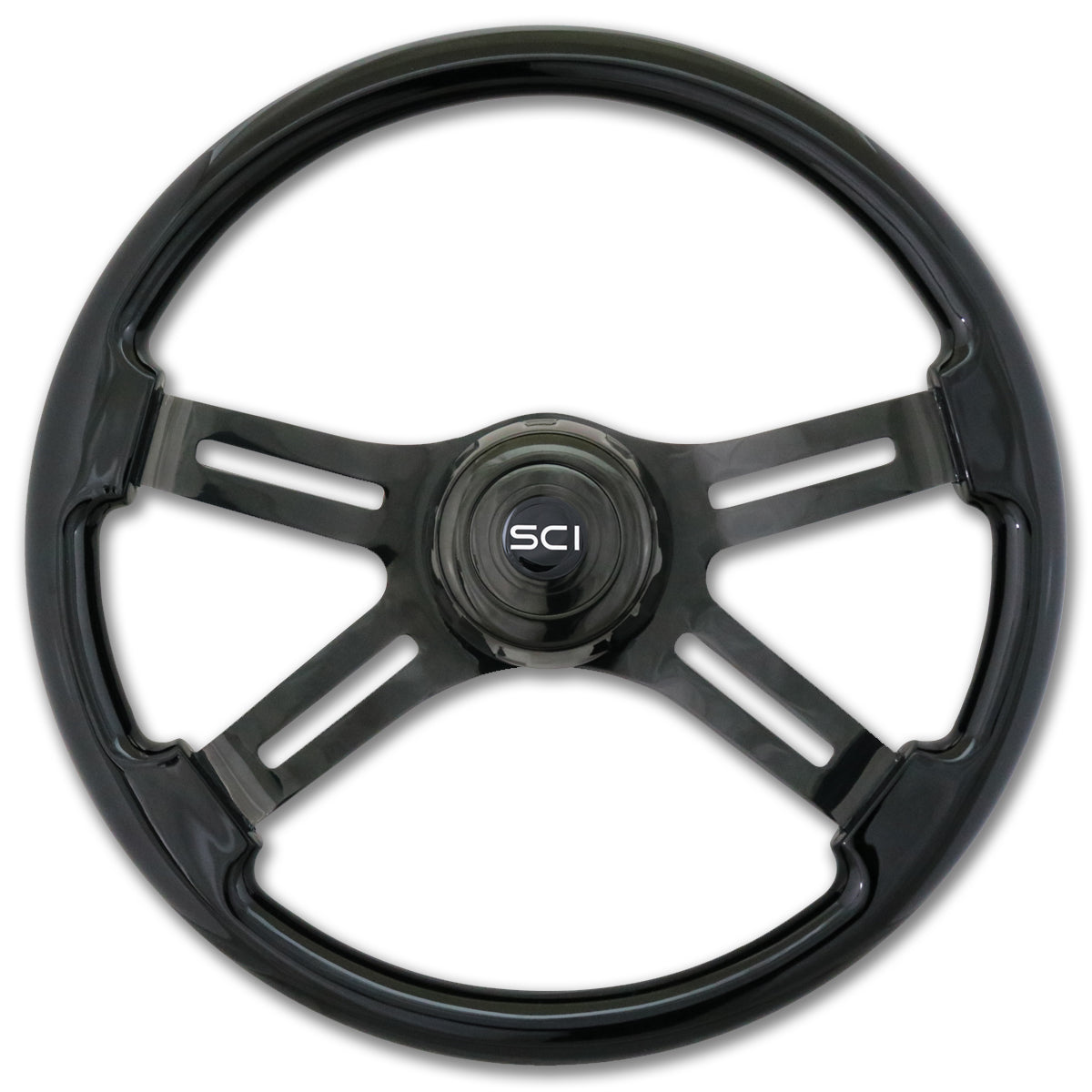 Steering Creations, "Phantom" - 18" Painted Wood Rim Steering Wheel w/ Black Chrome 4-Spokes