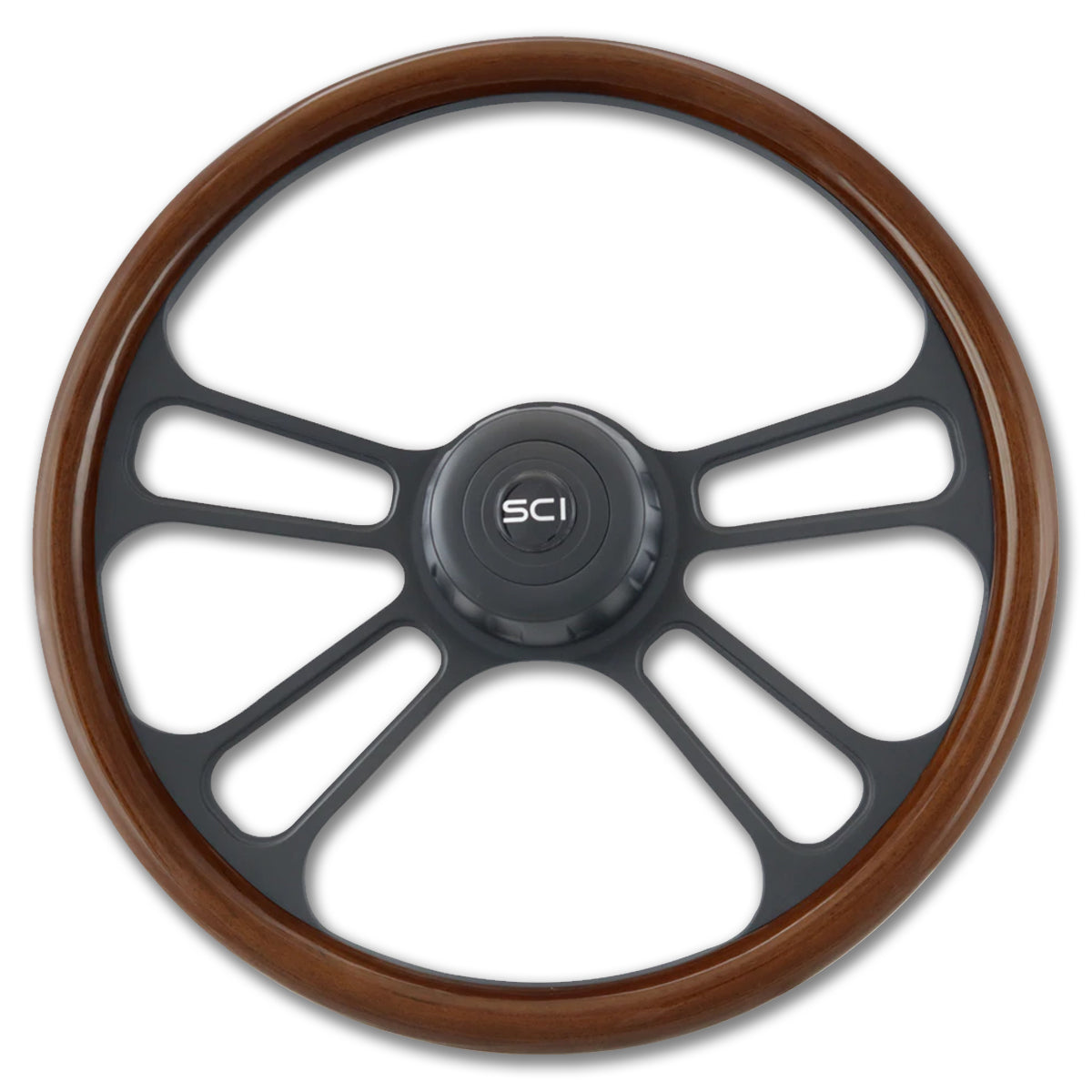 Steering Creations, "Phoenix" - Mahogany Rim Steering Wheel - Matte Black Aluminum w/ 4-Spokes