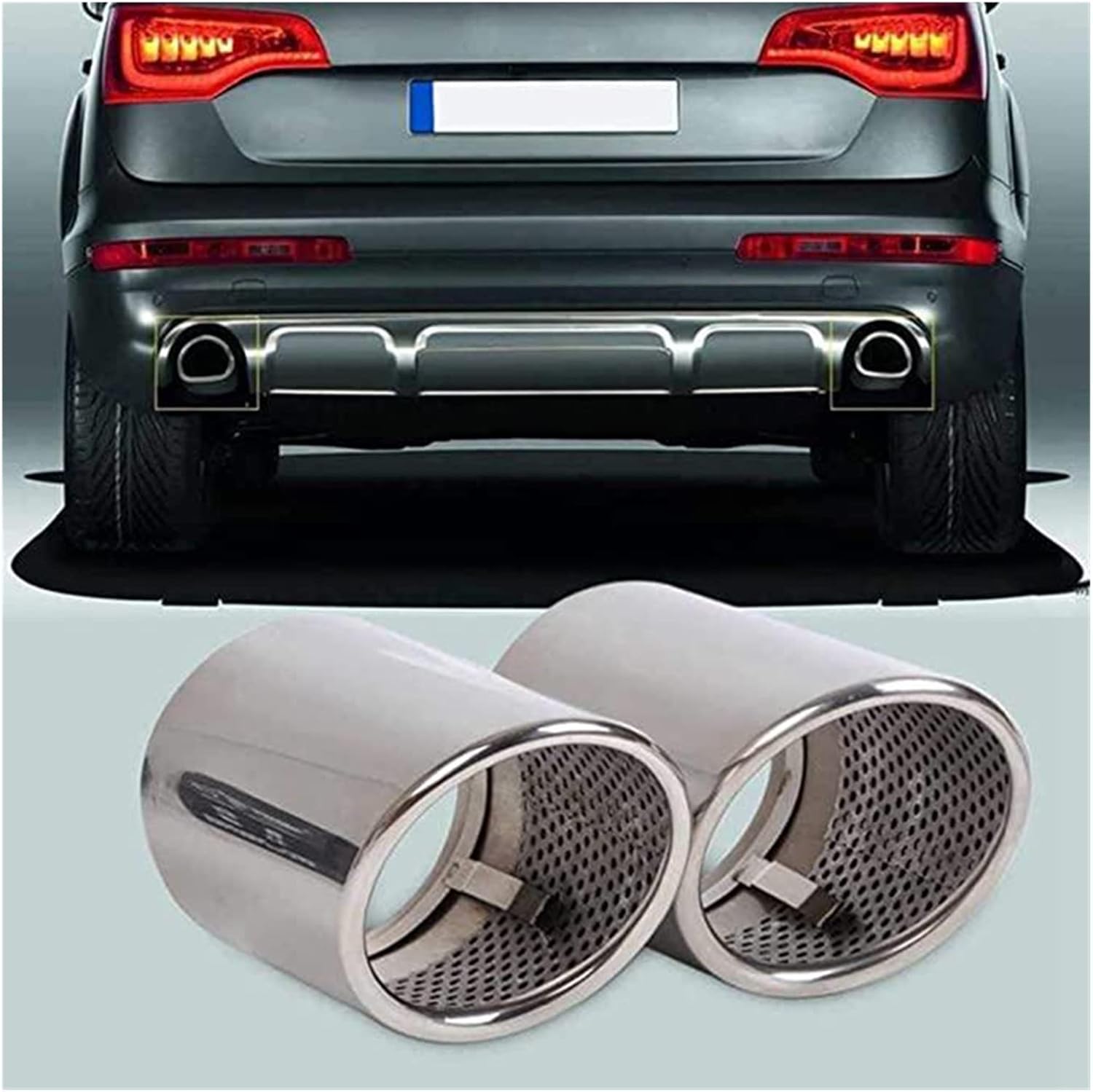 BRAND, CATEGORY, DWXQINEUS, MUFFLERS, 2Pcs Muffler Exhaust Tip Pipe Tail Muffler Compatible With AODI Q7 3.0 TDI TFSI 2006-2013 Rear Chrome Round Exhaust Pipe Tail Muffler