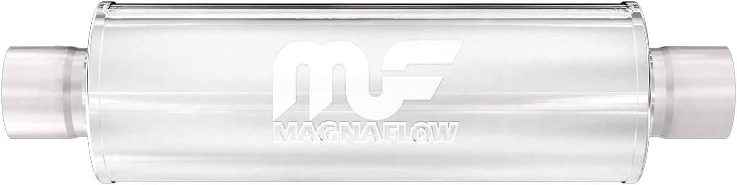 BRAND, CATEGORY, MAGNAFLOW EXHAUST PRODUCTS, MUFFLERS, MagnaFlow 7in Round Center/Center Performance Muffler 12774 - Straight-Through, 5in Inlet/Outlet Diameter, 24in Body Length, 30in Overall Length, Satin Finish - Classic Deep Exhaust Sound