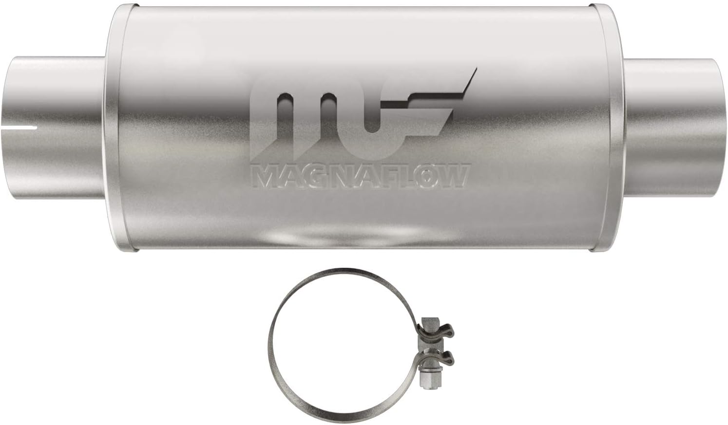 BRAND, CATEGORY, MAGNAFLOW EXHAUST PRODUCTS, MUFFLERS, MagnaFlow 7in Round Center/Center Performance Muffler Exhaust 12775 - Straight-Through, 4in Inlet/Outlet Diameter, 14in Body Length, 20in Overall Length, Satin Finish - Classic Deep Exhaust Sound