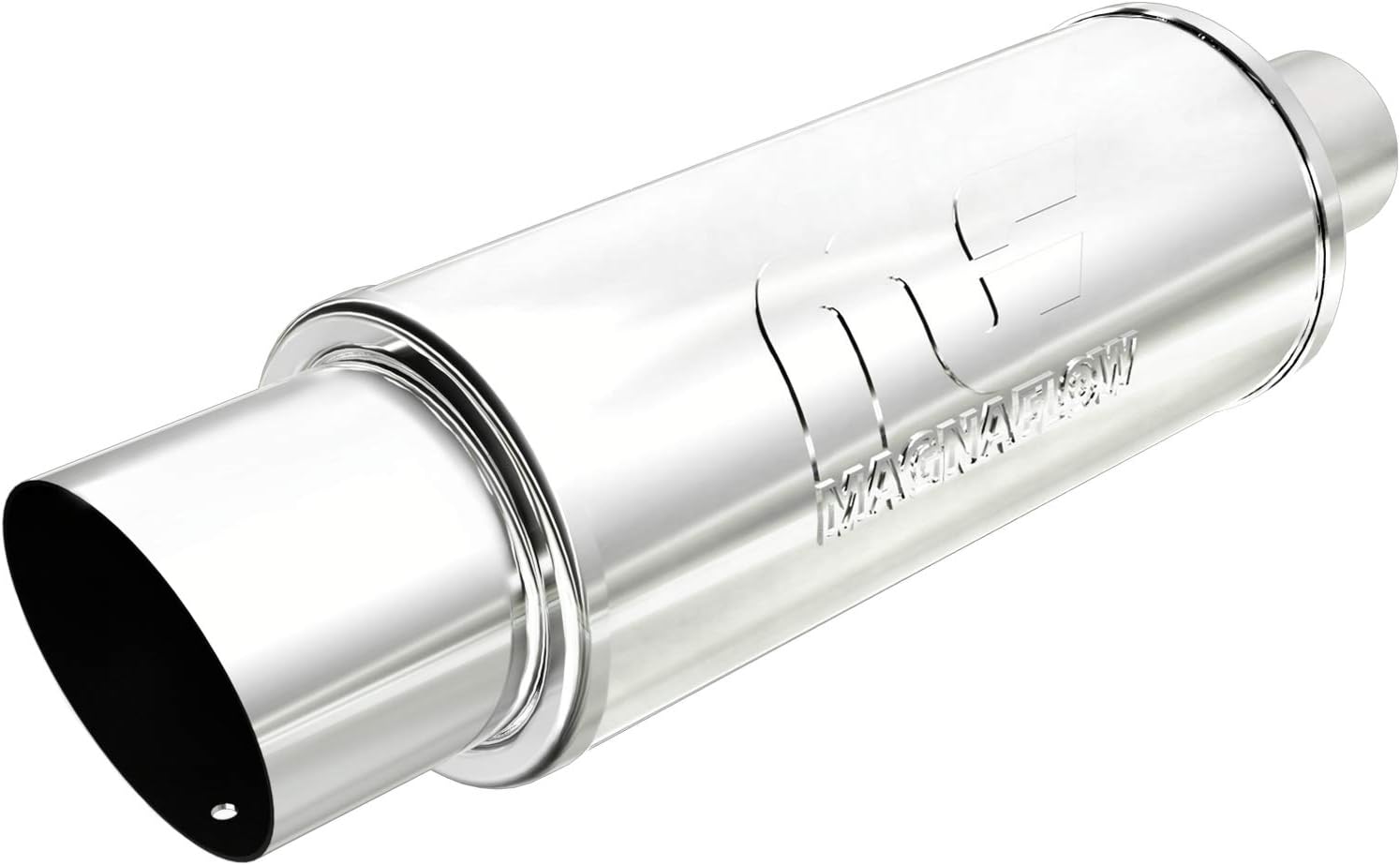 BRAND, CATEGORY, MAGNAFLOW EXHAUST PRODUCTS, MUFFLERS, MagnaFlow Exhaust Products 5in Round Center/Center Performance Muffler with Exhaust Tip Polished Mirror Finish 14859